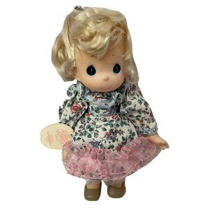 Precious Moments Doll Blonde Hair Floral Dress Pink Ruffles Lace Trim 12"